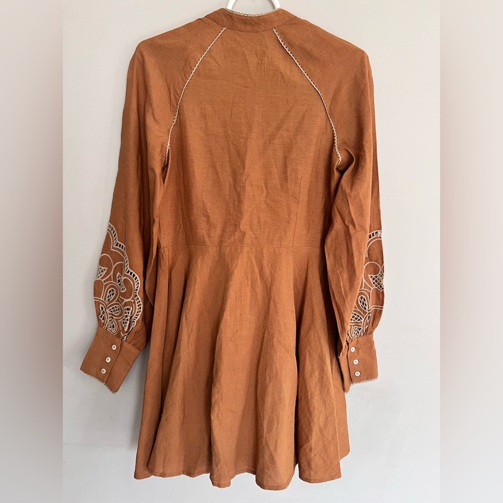 NWT Sezane Caprice Intricate Embroidery Linen Dress In Camel Size 34 - Picture 6 of 8